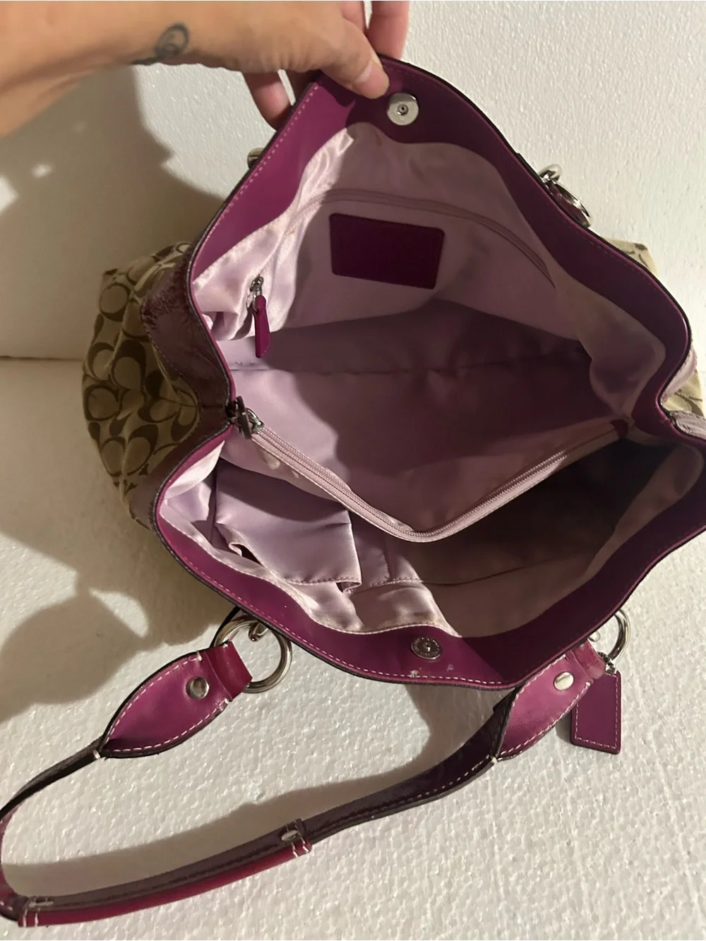 Vintage 2010 Coach Signature Canvas Shoulder Bag with Magenta Trim